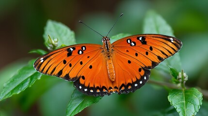 Stunning orange butterfly with black markings rests on lush green leaves, showcasing nature's vibrant beauty.