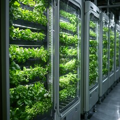 Vertical farming technology displaying freshly grown greens in controlled environment photo