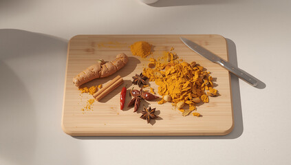 Spices and Knife on Wooden Cutting Board