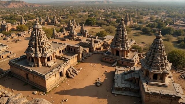 Stunning aerial view of Hampi India, showcasing ancient ruins, temple complexes, and a dramatic boulder-strewn landscape in 4K video