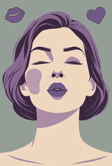 Portrait of a woman with eyes closed, puckered lips, blowing a kiss in mauve, green and beige hues. Flat geometric style with clean shapes, modern and poster-like design.