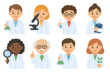 Obraz premium Scientists Illustration Grid. Flat vector mini-illustrations scientist in lab coat in colors children's illustrations: male