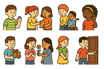 Kids' Life Lessons Icons. Flat vector mini-illustrations life lessons for kids in colors children's