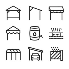 Fototapeta premium Rain Protection Icons. Outline icon set of rain protection structures: gazebo, rain shelter, awning, canopy, rainwater barrel,