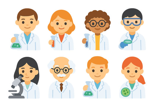 Scientists Illustration Grid. Flat vector mini-illustrations scientist in lab coat in colors children's illustrations: male