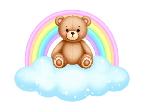 Magical Rainbow Teddy Bear Riding Sparkling Cloud PNG - Powered by Adobe
