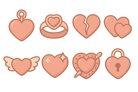 Rose Gold Heart Icons. Flat vector mini-illustrations rose gold themed hearts in colors children's illustrations: rose gold heart