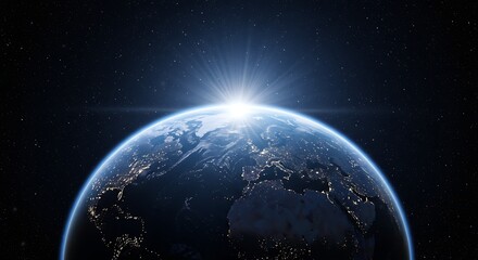 Fototapeta premium Stunning View of Earth from Space with Glowing Sunrise and Starry Background Exploring the Beauty of Our Planet