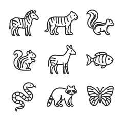 Striped Animals Icons. Outline icon set of striped animals: zebra, tiger, skunk, chipmunk, okapi, striped fish, striped snake,