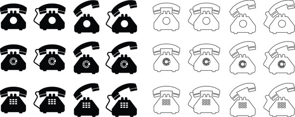 Old telephone icons set in flat and line styles. Collection and group of vintage rotary phone, retro communication device, antique handset and classic telephone symbol for contact and call.