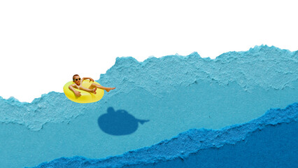 Colorful collage. Boy relaxing on inflatable ring floating over abstract water waves. Concept of...