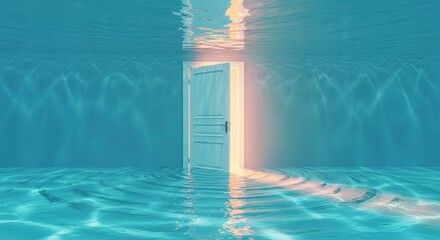 An open door emitting light stands underwater, with sunlight filtering through the water creating ripples and shadows