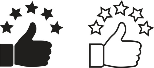Thumb up with five stars icons set in flat and line styles. Collection and group of rating, positive feedback, customer satisfaction, best quality review, approval and success evaluation symbols.