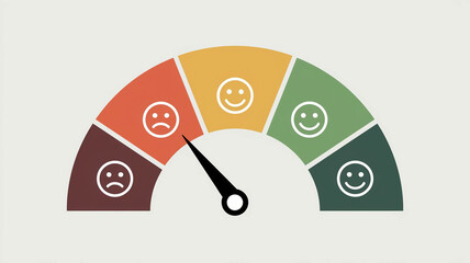 A satisfaction meter or feedback scale with a needle pointing to the highest rating, represented by a very happy face on the green section