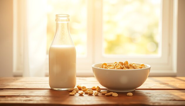 Milk bottle and bowl of cereal on a wooden table with sunlight streaming in glass
