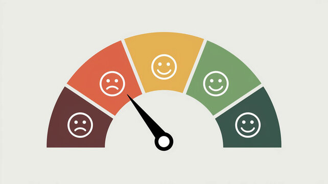 A satisfaction meter or feedback scale with a needle pointing to the highest rating, represented by a very happy face on the green section