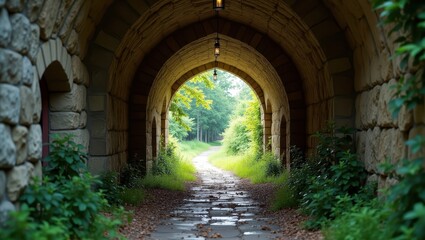 Fototapeta premium A stone archway tunnel leads into a verdant, sunlit glade, bathed in the soft light of a tranquil, outdoor setting.