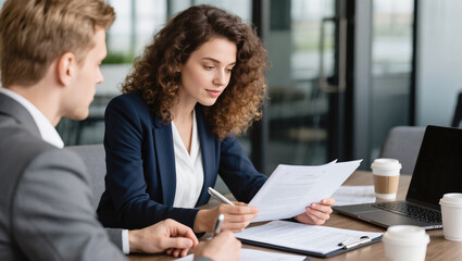 Fototapeta premium Businesswoman and businessman reviewing documents together at a meeting table in a modern office