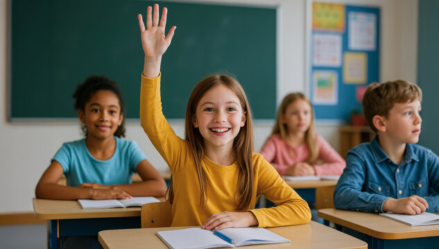 Happy schoolgirl raising hand in classroom