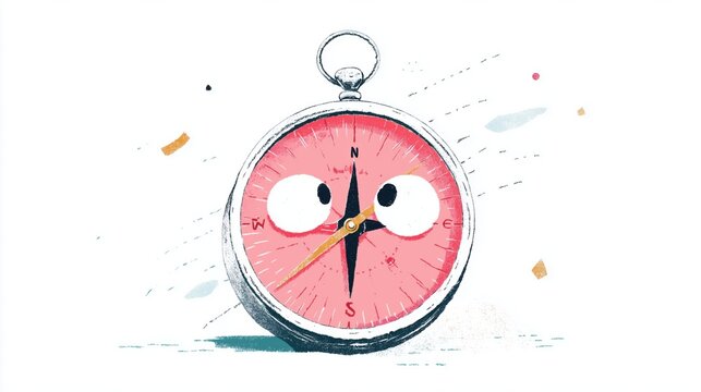 Cute cartoon compass with big expressive eyes on its dial and a vibrant red needle, isolated on a white background. Playful design concept for travel, adventure, and navigation themes.