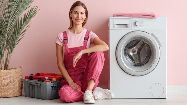 Young female technician in pink overalls sitting near a modern washing machine with a toolbox, ready for repair. Minimalist laundry room interior with houseplants and soft natural light.