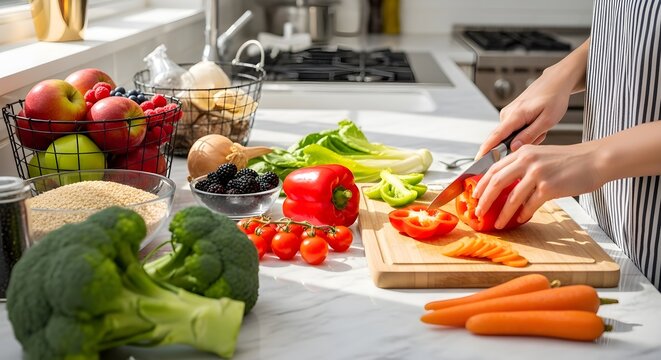 Woman preparing a healthy meal in a bright kitchen, chopping red bell pepper on a wooden cutting board surrounded by fresh vegetables and fruits.