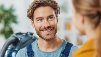 Smiling technician wearing a blue T-shirt and apron, talking to a homeowner indoors with a blurred background, symbolizing friendly customer service and professional repair assistance.
