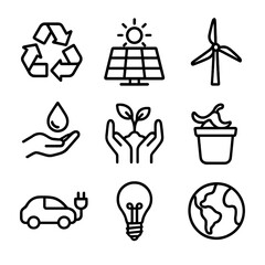 Sustainability Icon Set. Outline icon set of life sustainability: recycling, solar panel, wind turbine, water conservation, tree