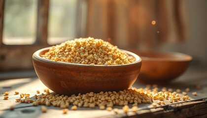 Wooden bowl of sesame seeds on a wooden table with a second bowl in the background food
