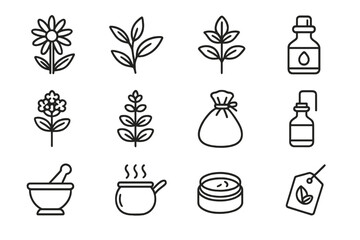 Mountain Herb Icons. Outline icon set of mountain herbs and remedies: arnica flower, alpine tea leaf, gentian