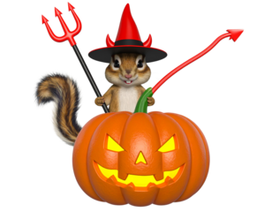 Adorable Chipmunk in Devil Outfit Holding Jack-o’-Lantern PNG