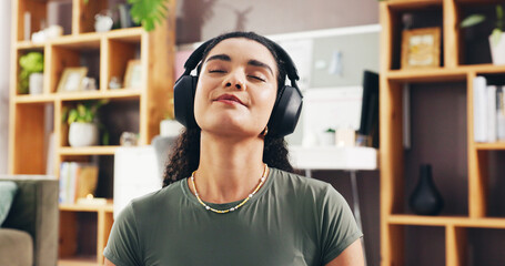Zen, smile and headphones with woman in home for streaming service, wellness podcast and mindset....