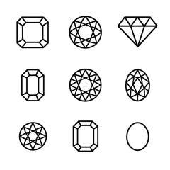 Synthetic Gemstone Icons. Outline icon set of synthetic gemstones: cubic zirconia, moissanite, lab-grown diamonds, spinel, garnet,