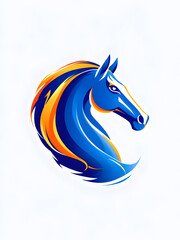 A stylized horse head with flowing blue and orange mane on a white background, facing to the right