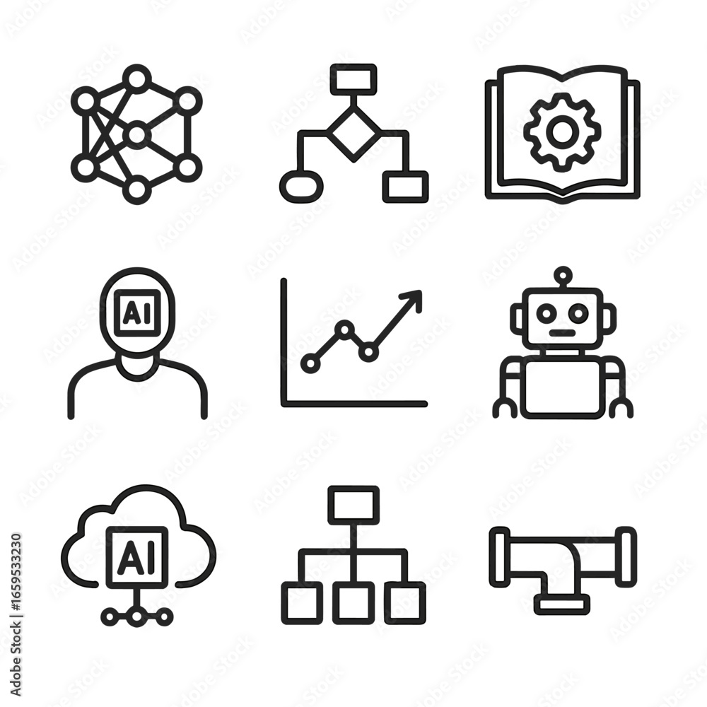 Poster ai icon set. outline icon set of ai and machine learning automation: neural network, algorithm, data