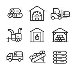 Timber Yard Icons. Outline icon set of timber yard elements: log pile, sawmill, forklift, wood chipper, drying kiln, storage shed,