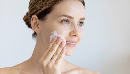 Young Caucasian woman holding a cotton pad, cleansing her face with cosmetic milk, skincare routine