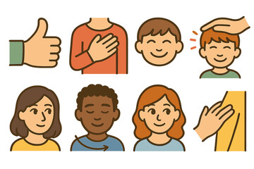 Fototapeta premium Non-Verbal Appreciation Icons. Flat vector mini-illustrations Non-verbal appreciation in relationships in