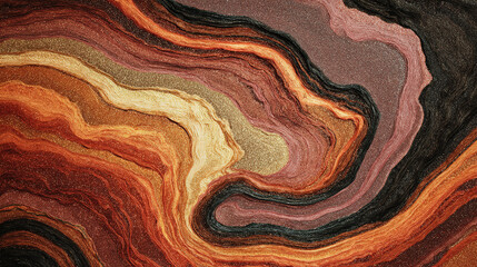 Abstract geological layers forming wave-like patterns in molten earth tones.