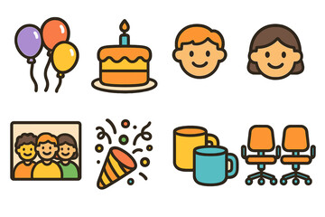 Office Party Icons. Flat vector mini-illustrations Workplace celebrations in colors children's illustrations: