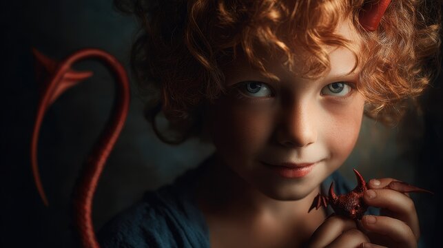A young child with red hair and light eyes wearing devil horns is smiling while holding a small red bat figurine in their hands. 