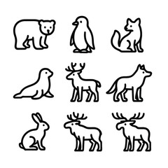 Obraz premium Winter Animals Icons. Outline icon set of winter animals: polar bear, penguin, arctic fox, owl, seal, reindeer, wolf, snow hare,