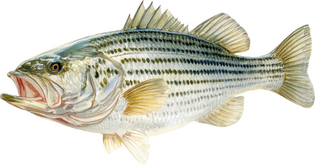 Detailed realistic close-up of a striped bass fish showing its fins and scales Watercolor PNG