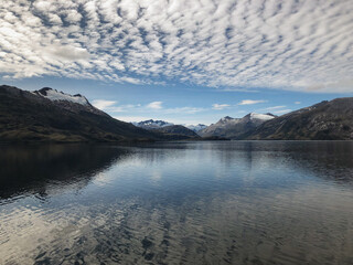 Breathtaking panoramic view of mountains and glaciers along Beagle Channel in Glacier Alley...
