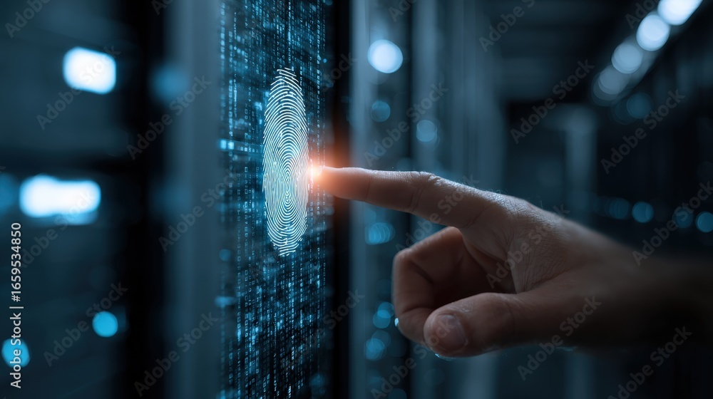 Poster touch of innovation: a person's fingertip interacts with a high-tech panel, illuminating a fingerpri