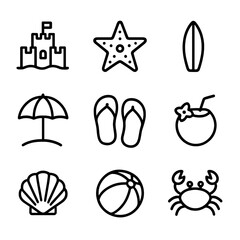 Naklejka premium Beach Sunset Icon Set. Outline icon set of beach sunset: sandcastle, starfish, surfboard, beach umbrella, flip flops, coconut