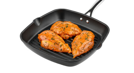 Isolated Marinated Chicken Breasts in Grill Pan