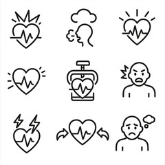 Anxiety Icon Set. Outline icon set of heartbeat in anxiety: panic attack, stress, hyperventilation, heart palpitations,
