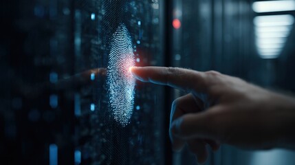 Digital Security: A close-up view depicts a hand's digit activating a futuristic fingerprint scanner, symbolizing secure access within a digital data center. Generative AI