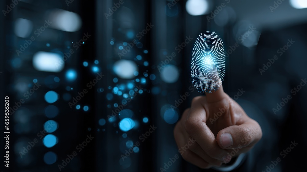 Poster digital fingerprint: a glowing fingerprint hovers in mid-air, symbolizing advanced technology and se